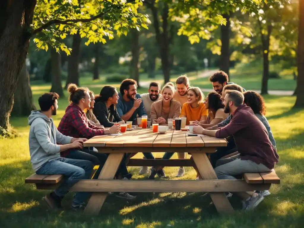 Diverse group of twelve people laughing and talking around wooden picnic table in sunny park with trees