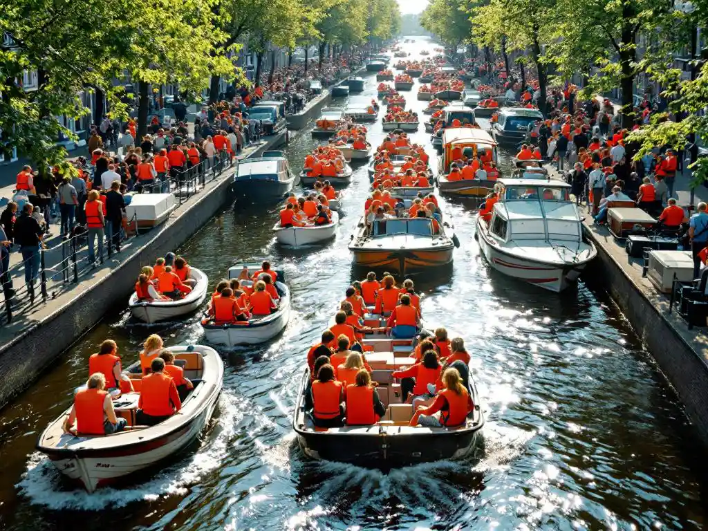 Canal crowded with orange-clad boaters celebrating King's Day in Amsterdam, traditional Dutch houses visible along waterway.