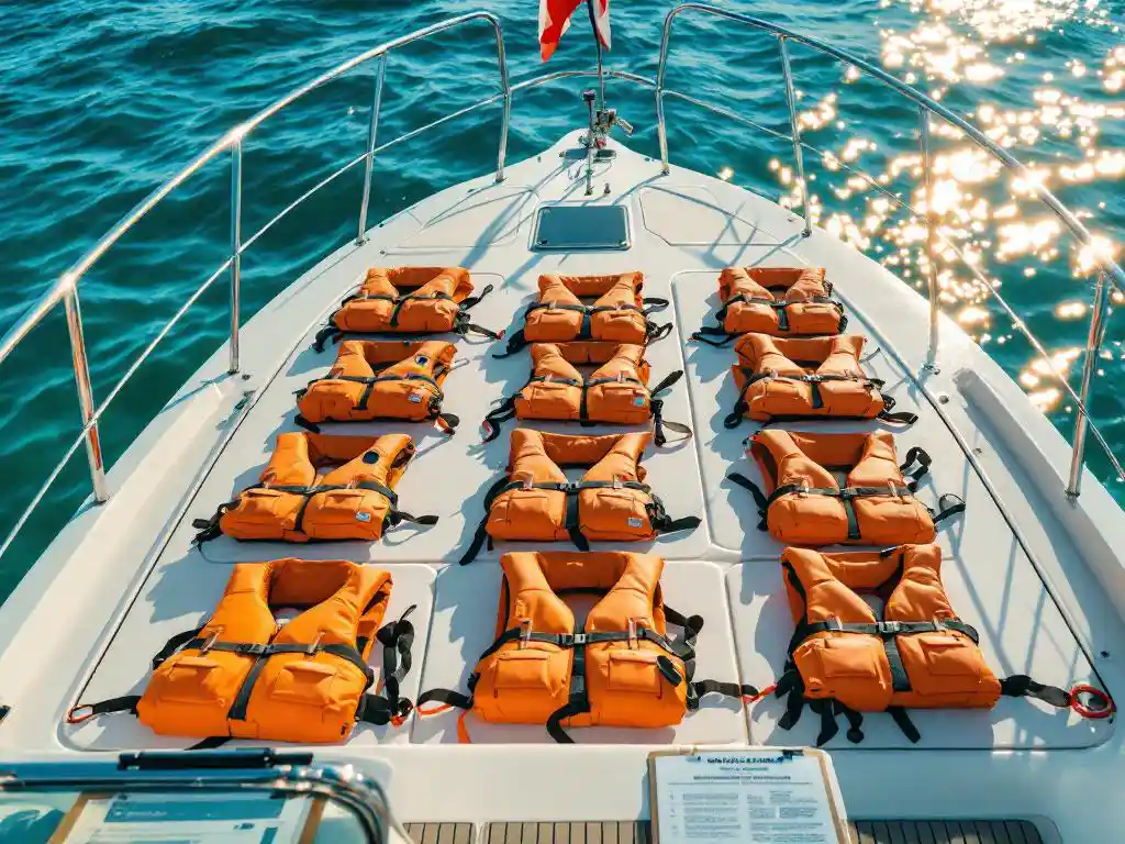 Luxury boat deck with twelve orange life jackets arranged in grid pattern, captain's clipboard, and ocean horizon at sunset.