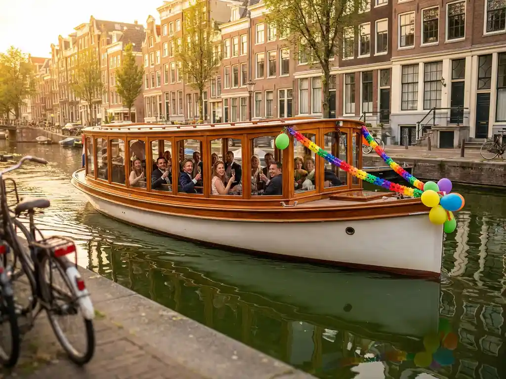 Classic 1910 Dutch salon tjalk with polished iroko wood hosting a champagne toast bachelor party on Amsterdam canals at golden hour.