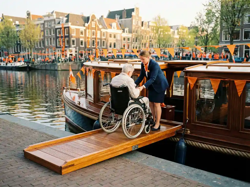 Wheelchair user boarding an accessible Amsterdam canal boat on King's Day, welcomed by a hostess amid orange flags and historic gabled reflections.