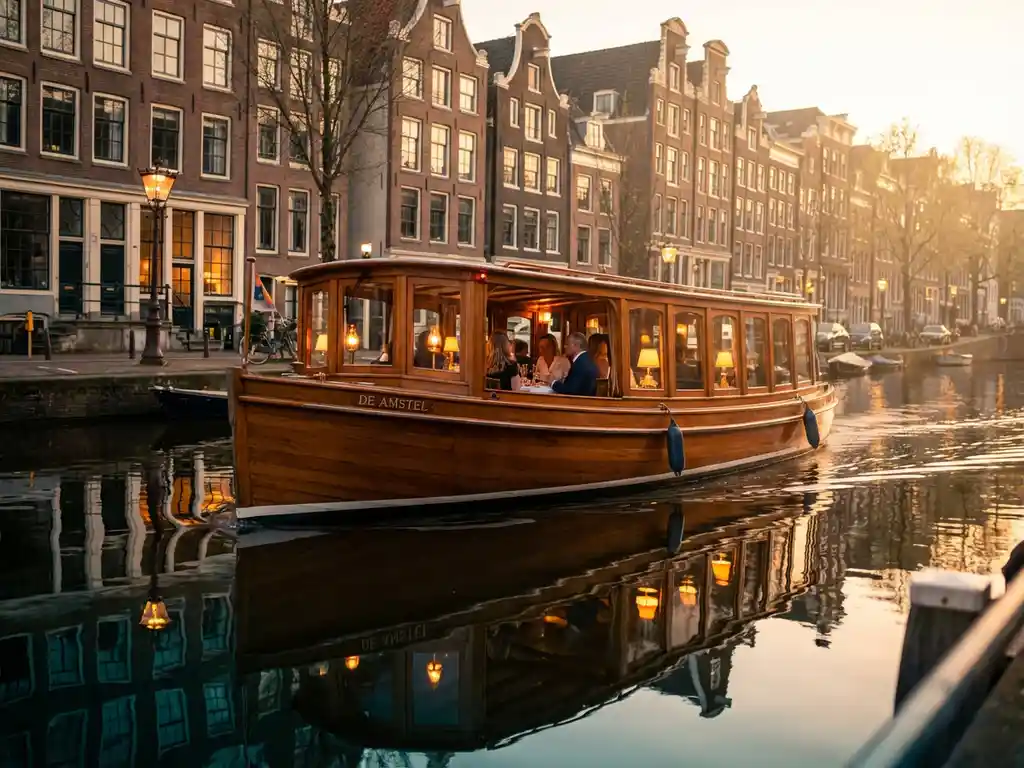Dutch salon tjalk canal boat gliding past Amsterdam gabled facades at golden hour, warm candlelight glowing through salon windows as guests dine inside.