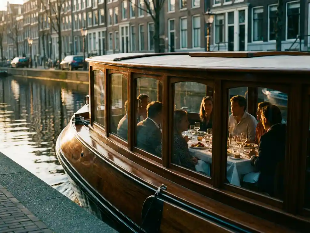 Dutch salon tjalk canal boat gliding past Amsterdam gabled facades at golden hour, guests dining inside glazed salon windows.