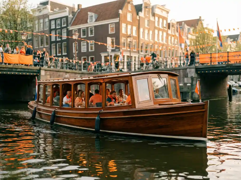 Polished iroko wood Dutch salon boat gliding Amsterdam's canals on King's Day, guests dining inside, orange flags and historic gabled houses reflected in calm water.