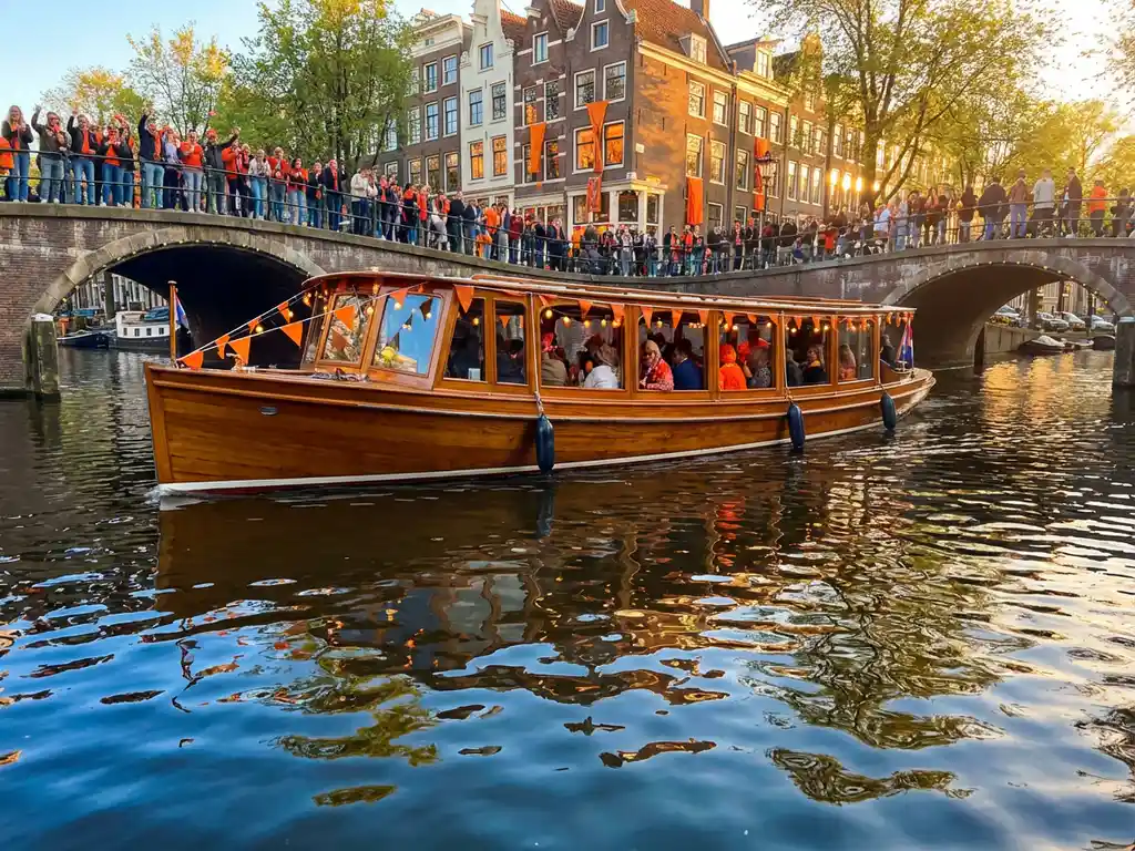 Luxury Dutch salon boat cruising Amsterdam's orange-decorated canals during King's Day celebrations, with crowds on bridges and golden gabled reflections.