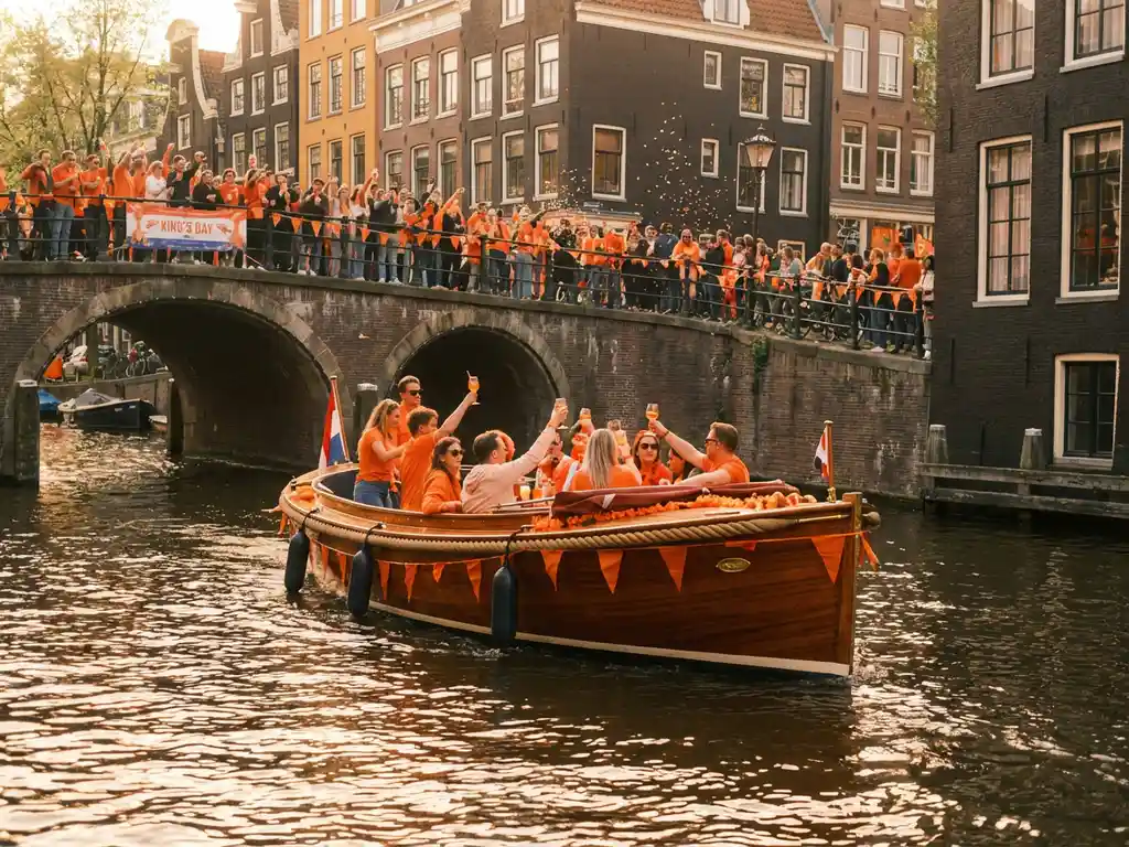 Electric sloop gliding through Amsterdam canals on King's Day, passengers raising drinks amid orange decorations, golden light on historic gabled facades.