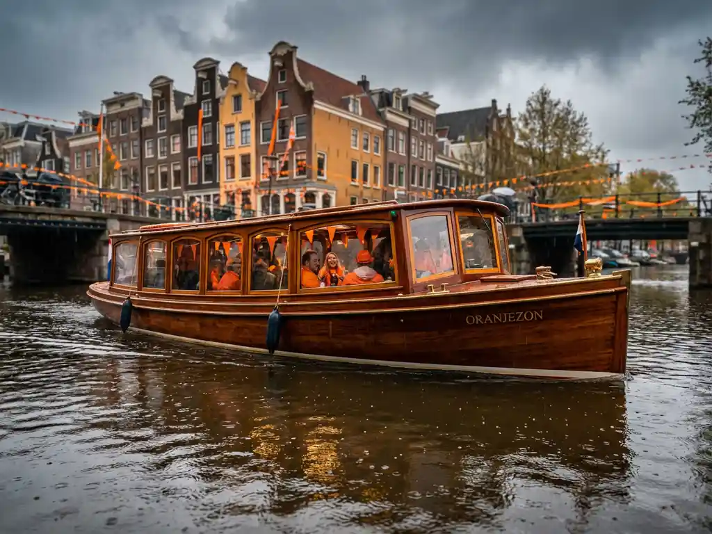 Classic Dutch salon boat on Amsterdam canal during King's Day, orange decorations glowing inside polished iroko wood vessel, historic gabled facades reflected in rain-dotted water.