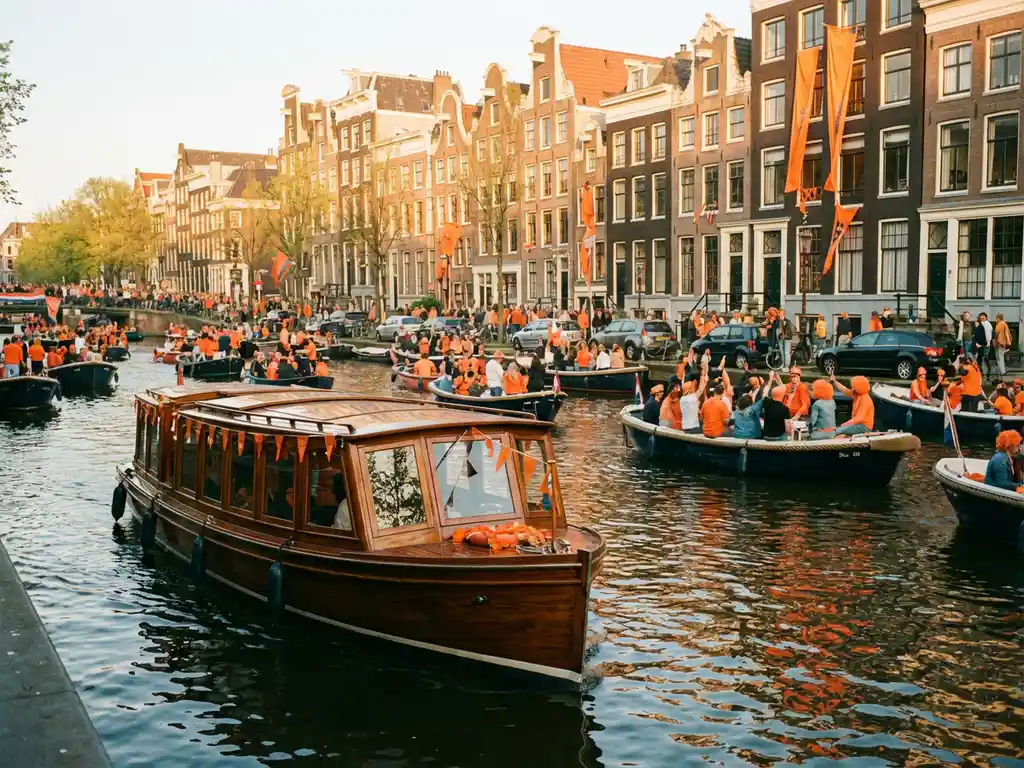 Polished iroko salonboot cruising an Amsterdam canal on King's Day, surrounded by orange-clad revelers and historic gabled facades draped in orange flags.