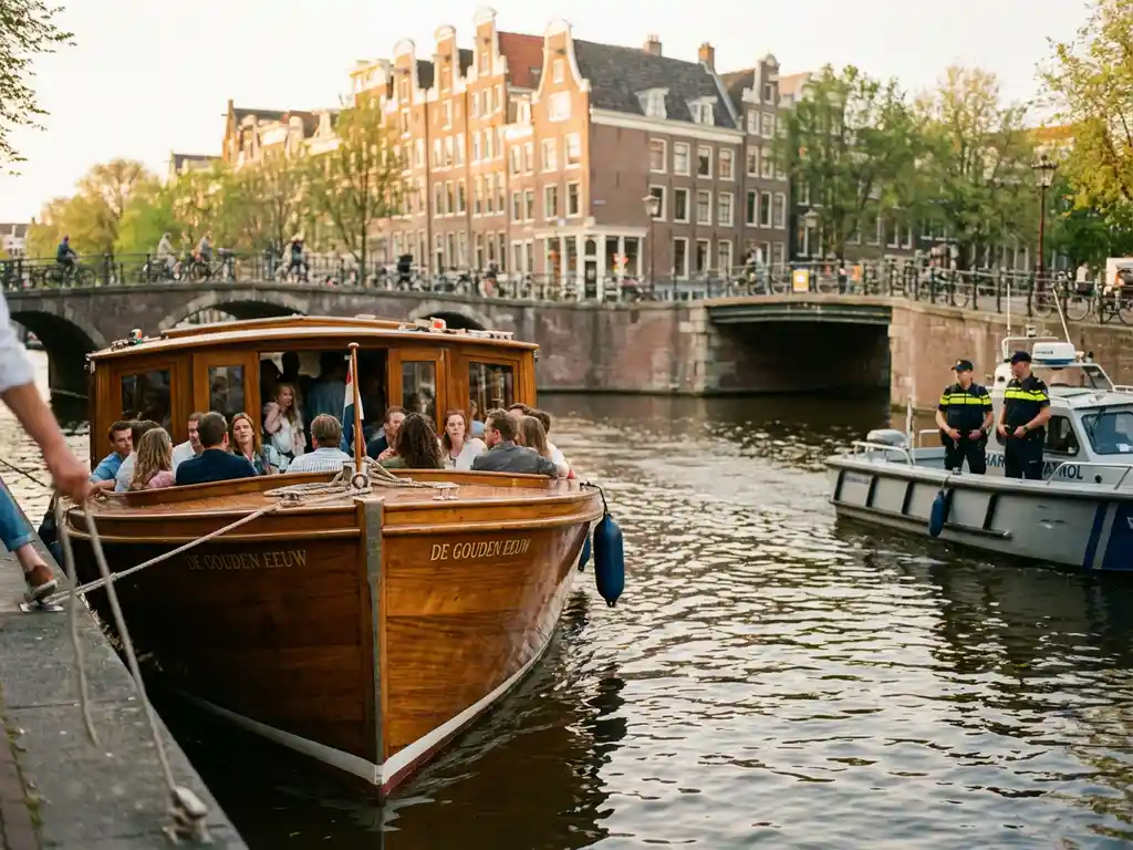 Overloaded luxury salonboot on Amsterdam's canals intercepted by harbor patrol, golden light reflecting off historic gabled facades.