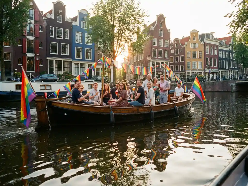 Canal boat decorated with rainbow flags cruising Amsterdam's historic canals during Pride, guests celebrating on deck at golden hour.