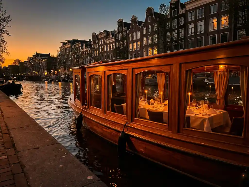 Classic Dutch salon boat with iroko wood hull cruising Amsterdam canals at golden hour, candlelit dinner table glowing through salon windows, historic gabled facades reflected in calm water.