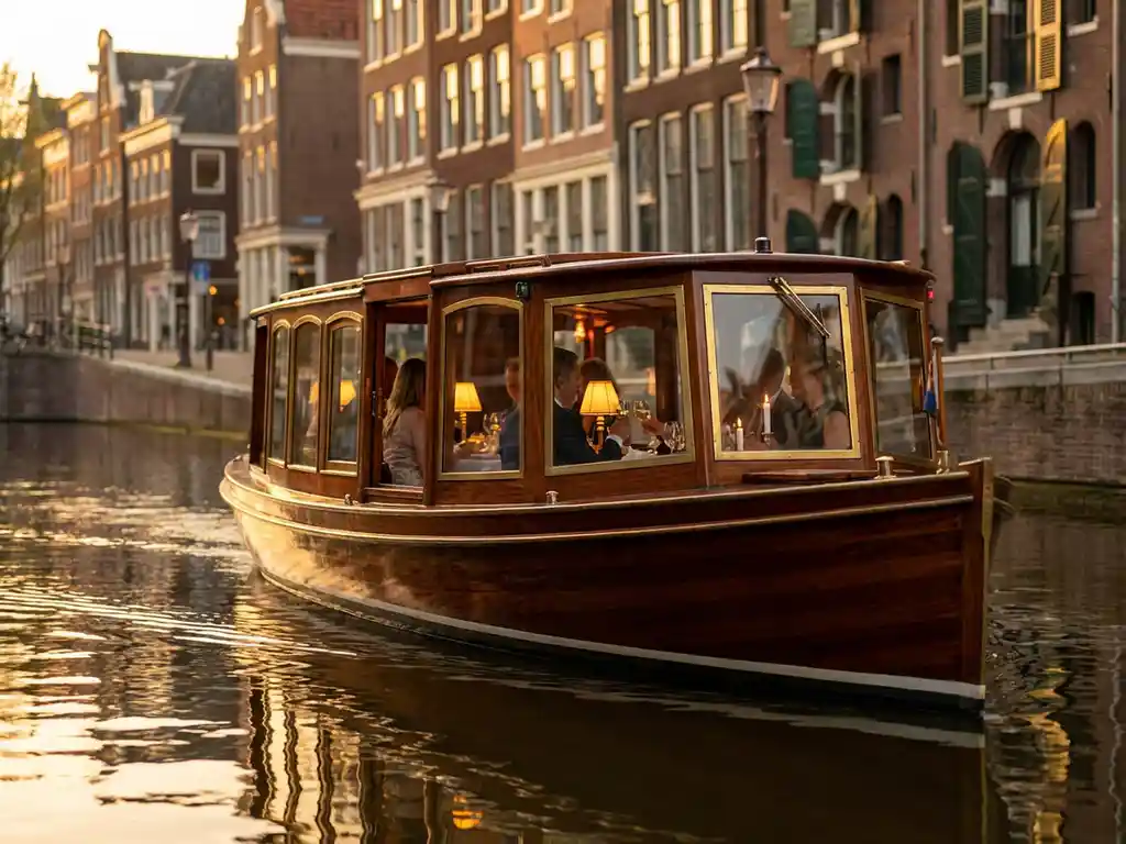 Polished iroko wood Dutch salon boat gliding through Amsterdam's historic canals at golden hour, guests dining inside, gabled facades reflecting in still water.
