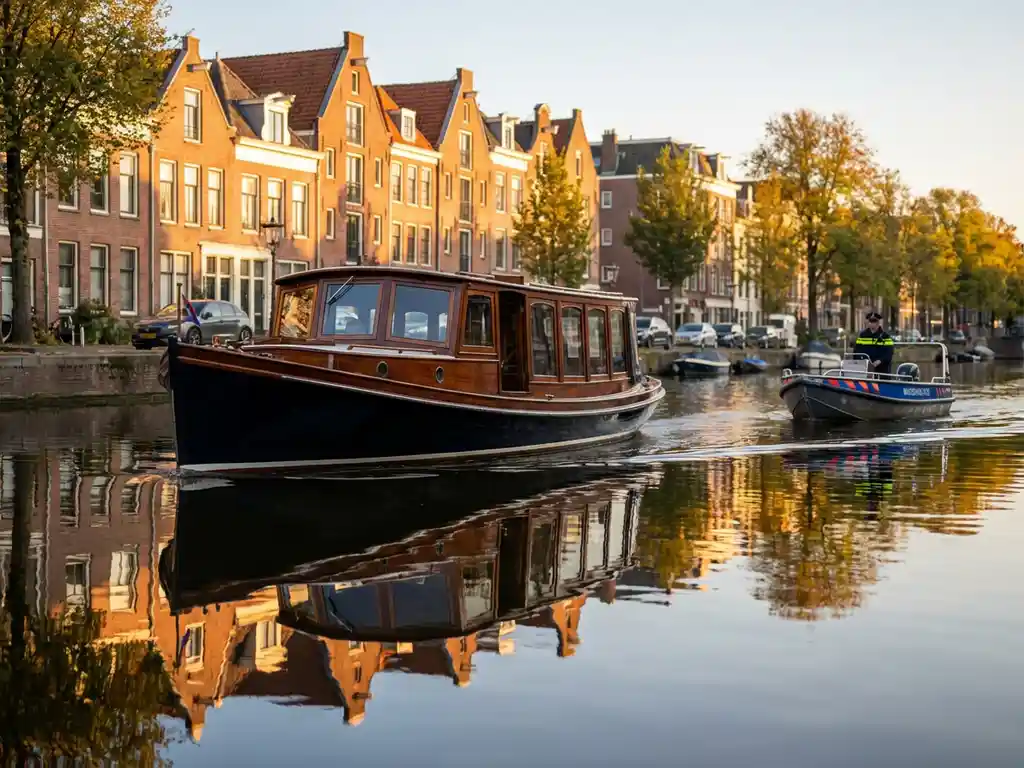 1910 Dutch salon tjalk with polished iroko hull sailing Amsterdam canal at golden hour, red-brick gabled houses reflected in still water.