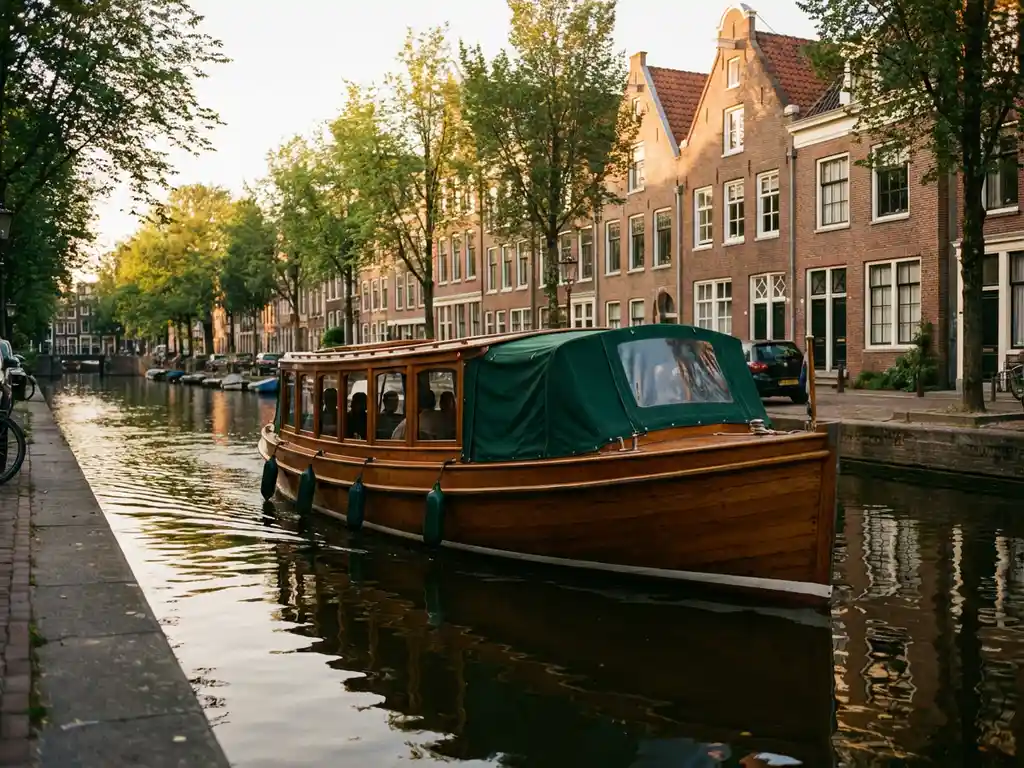 Dutch salon tjalk canal boat with polished iroko hull gliding past Amsterdam's golden-brick gabled houses at golden hour.