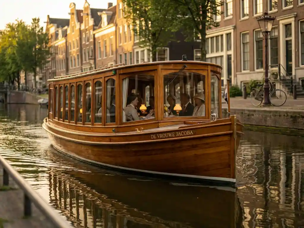 Classic 1910 Dutch salon tjalk canal boat with polished iroko hull gliding past Amsterdam's golden gabled houses at golden hour.