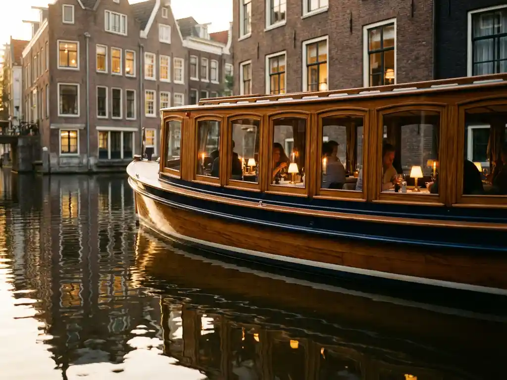 Dutch salon tjalk canal boat with glowing windows and dining guests drifting past Amsterdam's historic gabled facades at golden hour.