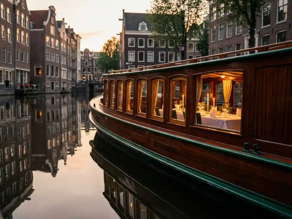 Dutch salon tjalk canal boat with polished iroko wood gliding past Amsterdam's gabled facades, warm light illuminating an elegant dinner table inside.
