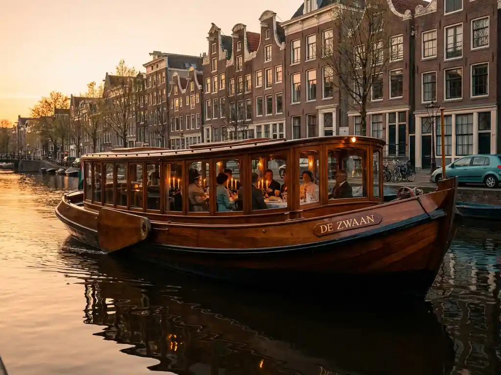 Classic 1910 Dutch salon tjalk with polished iroko hull sailing Amsterdam canals at golden hour, guests dining inside glazed salon windows.