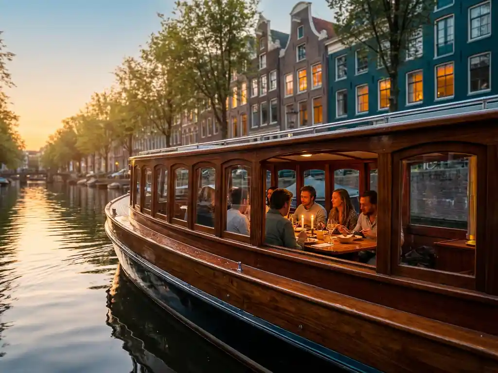 1910 Dutch salon tjalk gliding through Amsterdam canals at golden hour, guests dining inside glazed windows, historic gabled facades reflected in calm water.