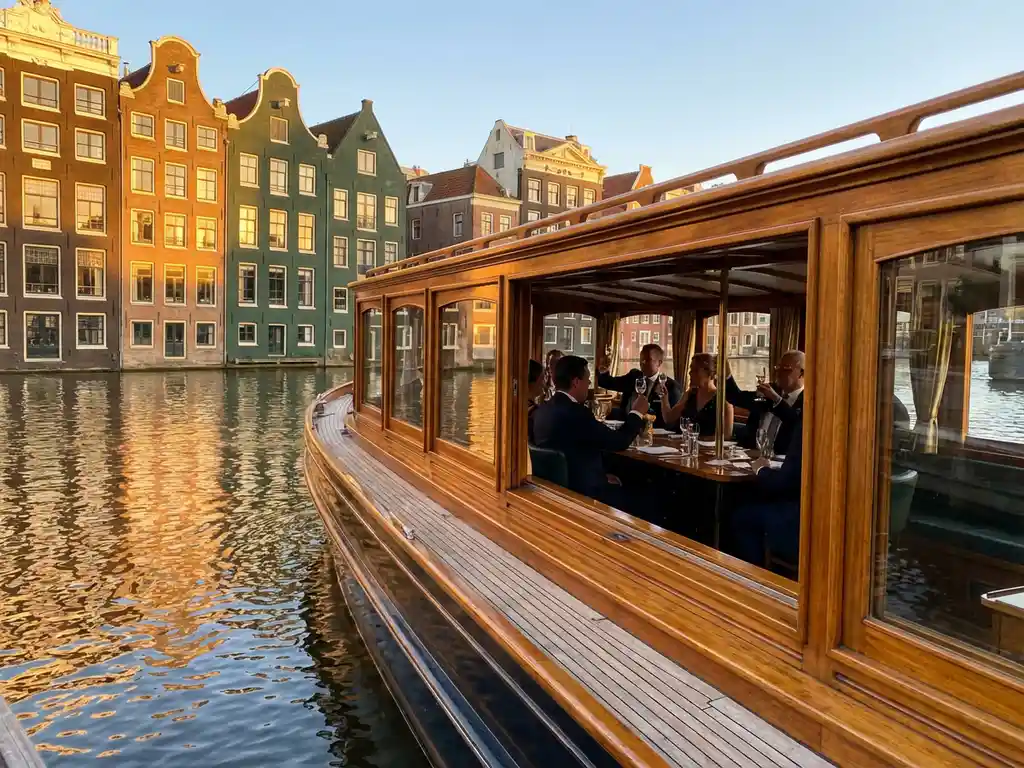 1910 Dutch salon tjalk gliding Amsterdam's golden-hour canals, polished iroko hull reflecting historic gabled facades, corporate guests dining inside glazed salon windows.