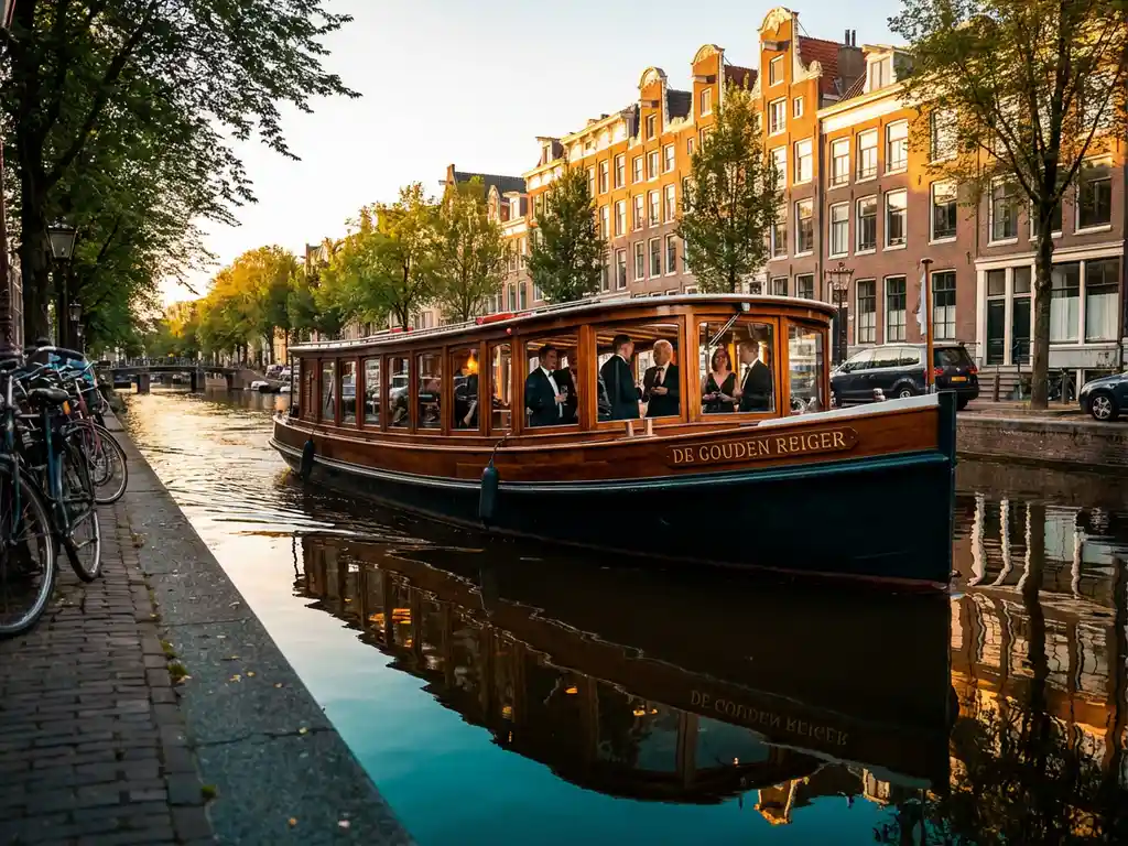 1910 Dutch salon tjalk gliding through Amsterdam's golden-hour canals, polished iroko hull reflecting in glassy water beside historic gabled facades.