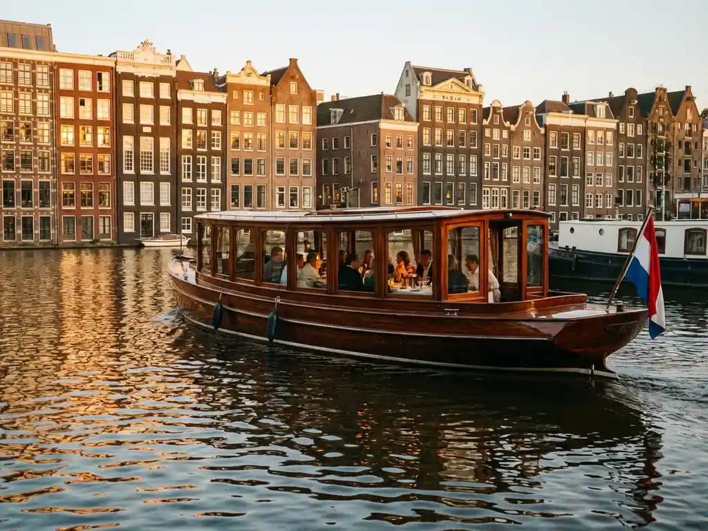 1910 Dutch salon tjalk with polished iroko hull cruising Amsterdam's canals at golden hour, guests dining inside as gabled facades reflect in the water.