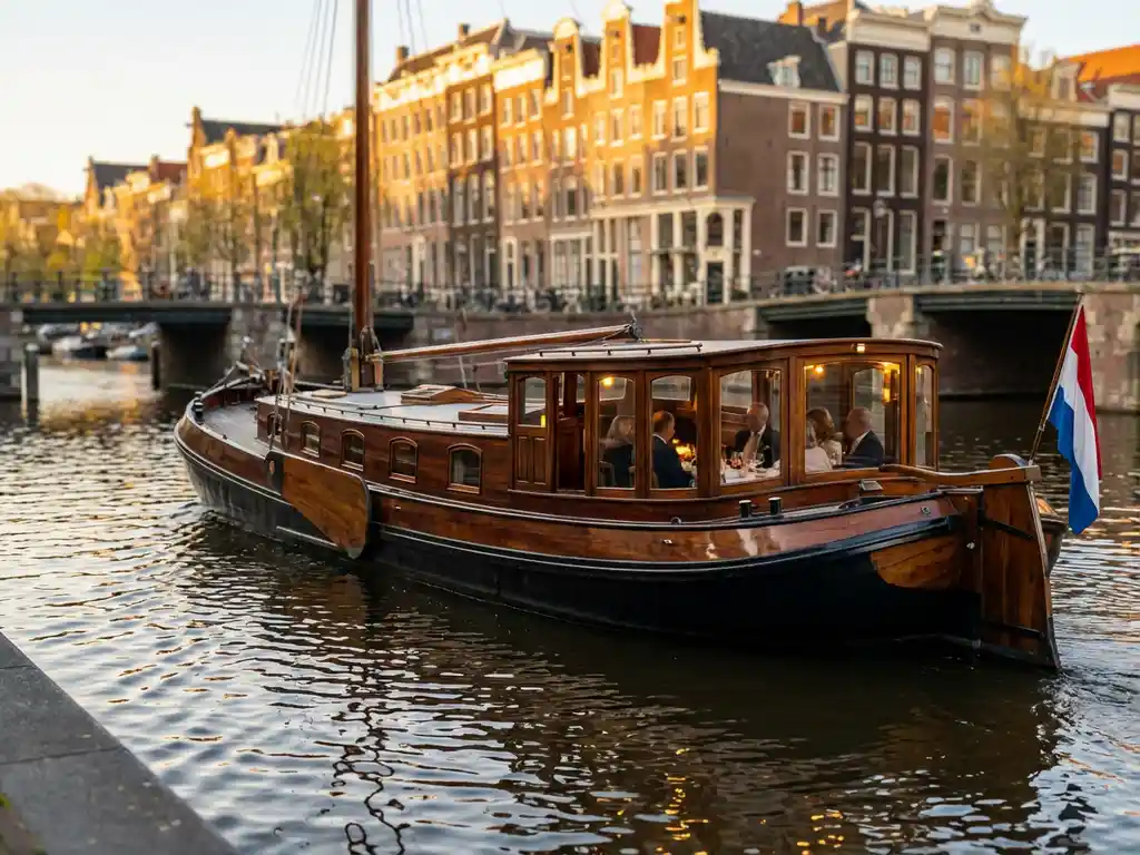 1910 Dutch salon tjalk with polished iroko hull cruising Amsterdam's canals at golden hour, guests dining inside as gabled facades reflect in calm water.