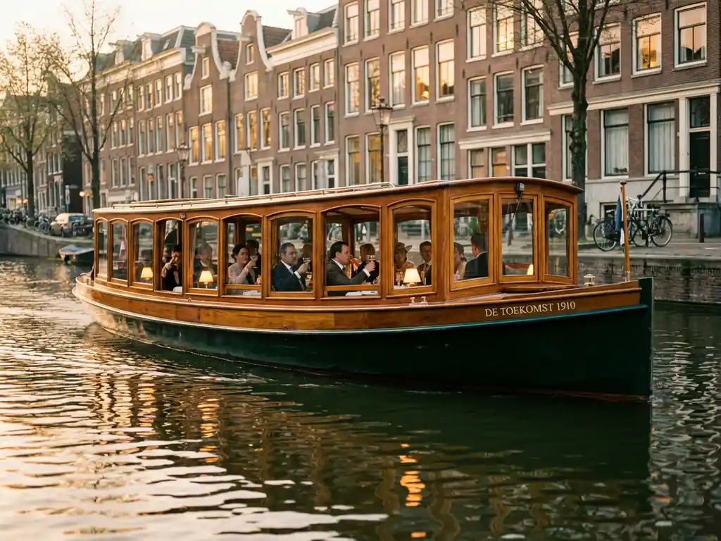 1910 Dutch salon tjalk with polished iroko hull cruising Amsterdam's golden-hour canals, guests dining inside glazed windows, historic gabled facades reflected in water.