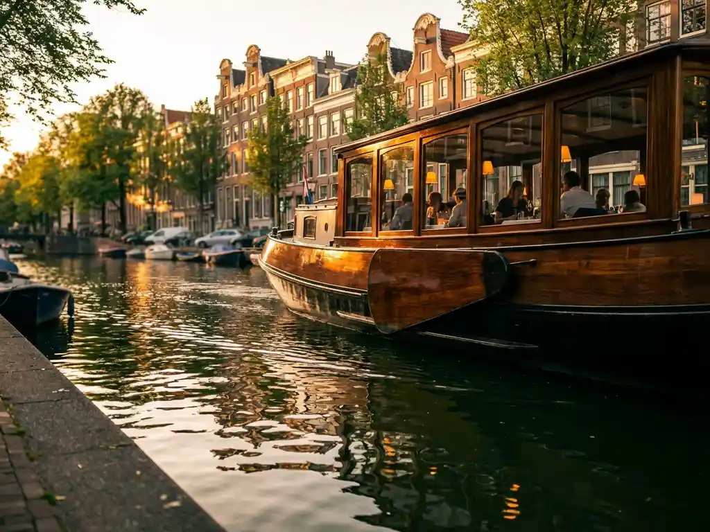 1910 Dutch salon tjalk with polished iroko hull cruising Amsterdam's canals at golden hour, guests dining inside glazed windows, gabled facades reflected in water.