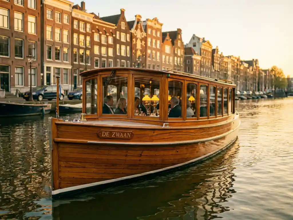 1910 Dutch salon tjalk with polished iroko hull gliding Amsterdam's canals at golden hour, guests dining inside as gabled facades reflect in calm water.