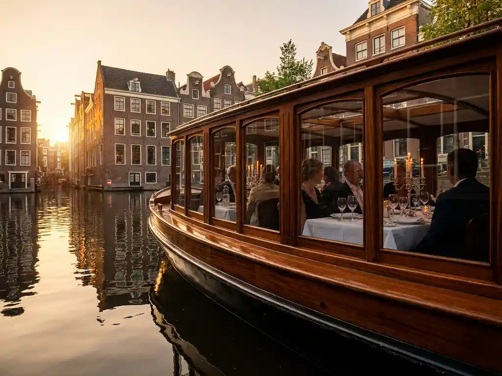 1910 Dutch salon tjalk gliding through Amsterdam canals at golden hour, guests dining inside glazed windows, historic gabled facades reflecting in calm water.