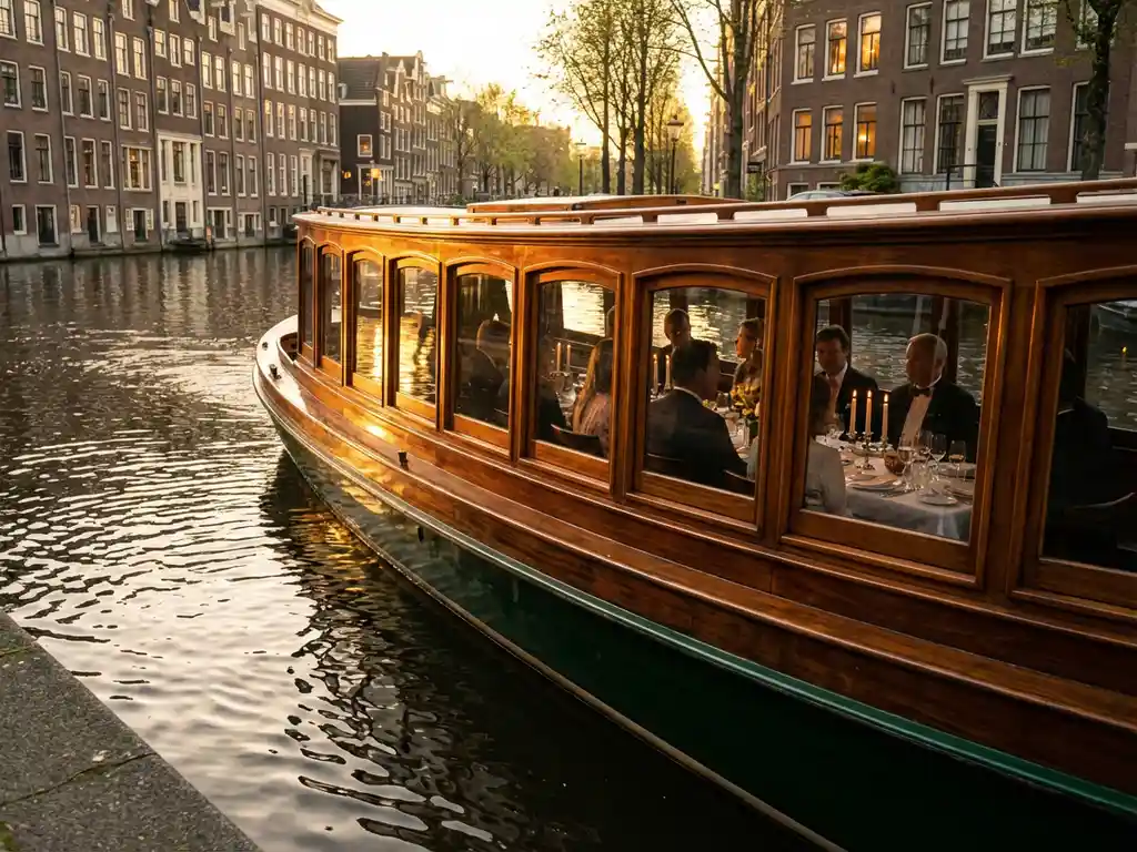 1910 Dutch salon tjalk gliding through Amsterdam canals at golden hour, guests dining inside glazed windows, historic gabled houses reflected in calm water.