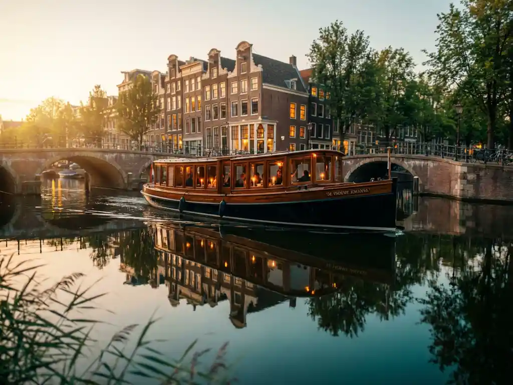 Dutch salon tjalk canal boat gliding through Amsterdam at golden hour, guests dining inside warmly lit glazed windows, historic gabled facades reflected in still water.