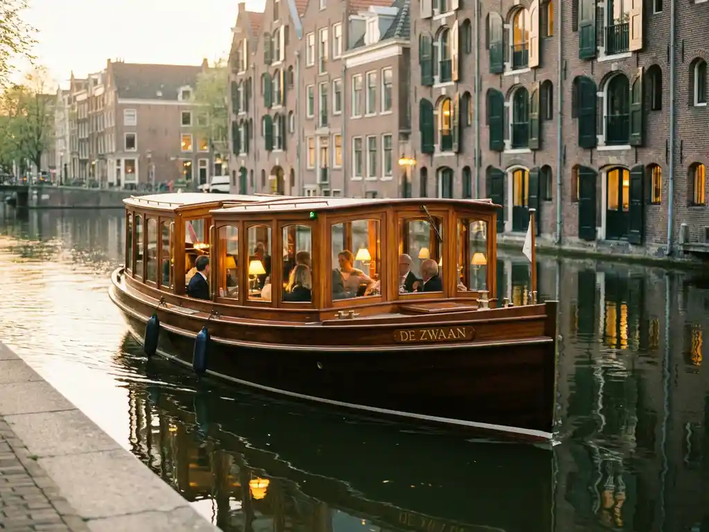 Polished iroko wood Dutch salon tjalk sailing Amsterdam canals at golden hour, historic gabled houses reflected in still water.