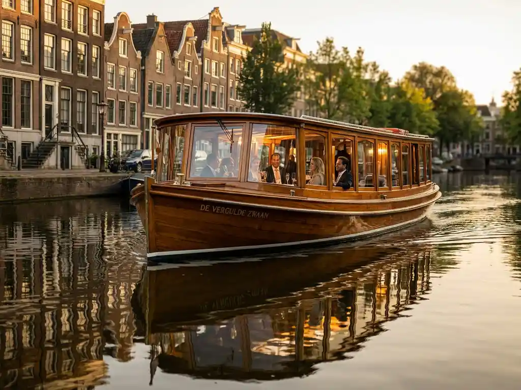 1910 Dutch salon tjalk with polished iroko hull cruising Amsterdam's golden-hour canals, historic gabled facades reflected in calm water.