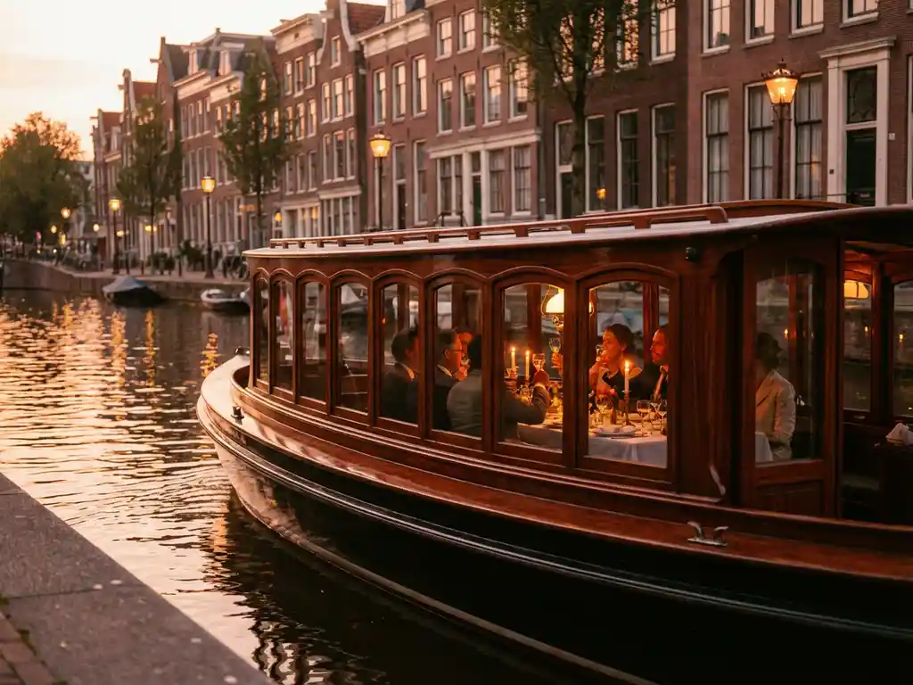 1910 Dutch salon tjalk gliding through Amsterdam canals at golden hour, guests dining inside as gabled houses reflect in amber water.