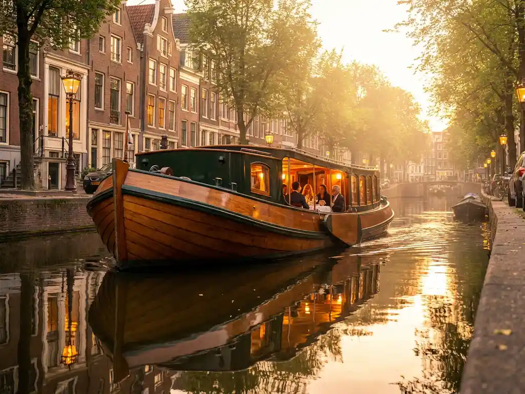 Vintage 1910 Dutch salon tjalk with polished iroko hull cruising Amsterdam canals at golden hour, guests dining inside glazed windows.