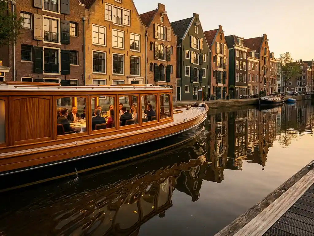 Dutch salon tjalk gliding through Amsterdam canals at golden hour, guests dining inside as historic gabled houses reflect in calm water.