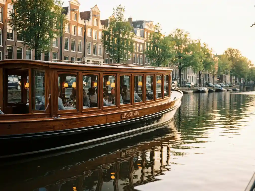Historic 1910 Dutch salon tjalk with polished iroko wood hull cruising Amsterdam canals at golden hour, guests dining inside glazed windows.