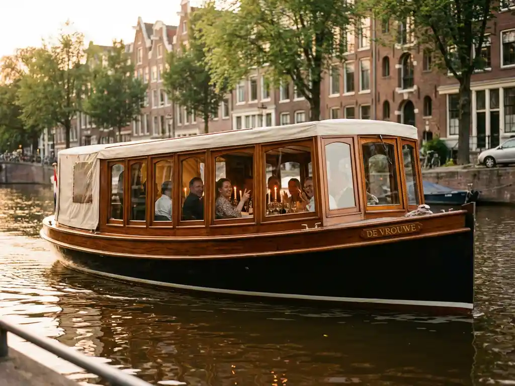 1910 Dutch salon tjalk with polished iroko hull gliding Amsterdam canals at golden hour, guests dining inside glazed windows, historic gabled facades reflected in still water.