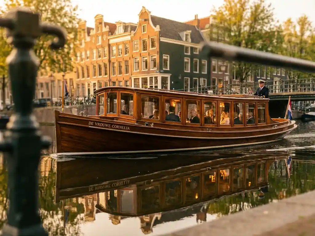1910 Dutch salon tjalk with polished iroko hull cruising Amsterdam's canals at golden hour, skipper at helm, historic gabled facades reflected in calm water.
