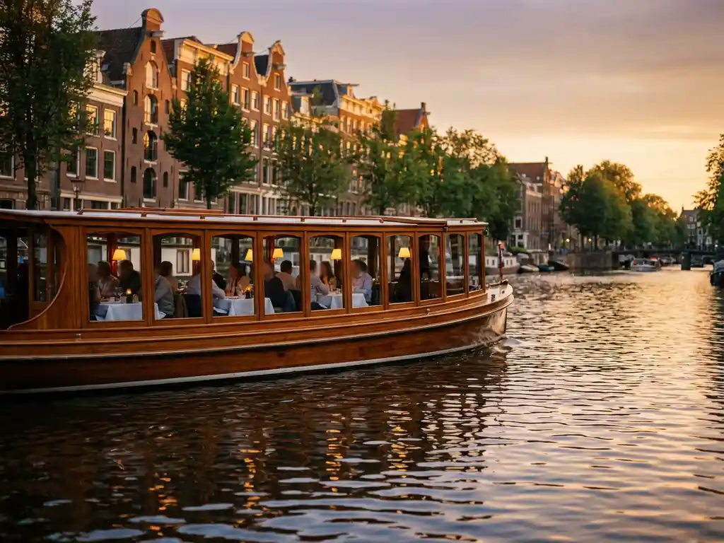 Dutch salon tjalk from 1910 gliding through Amsterdam canals at golden hour, polished iroko hull gleaming beside historic gabled facades reflected in calm water.