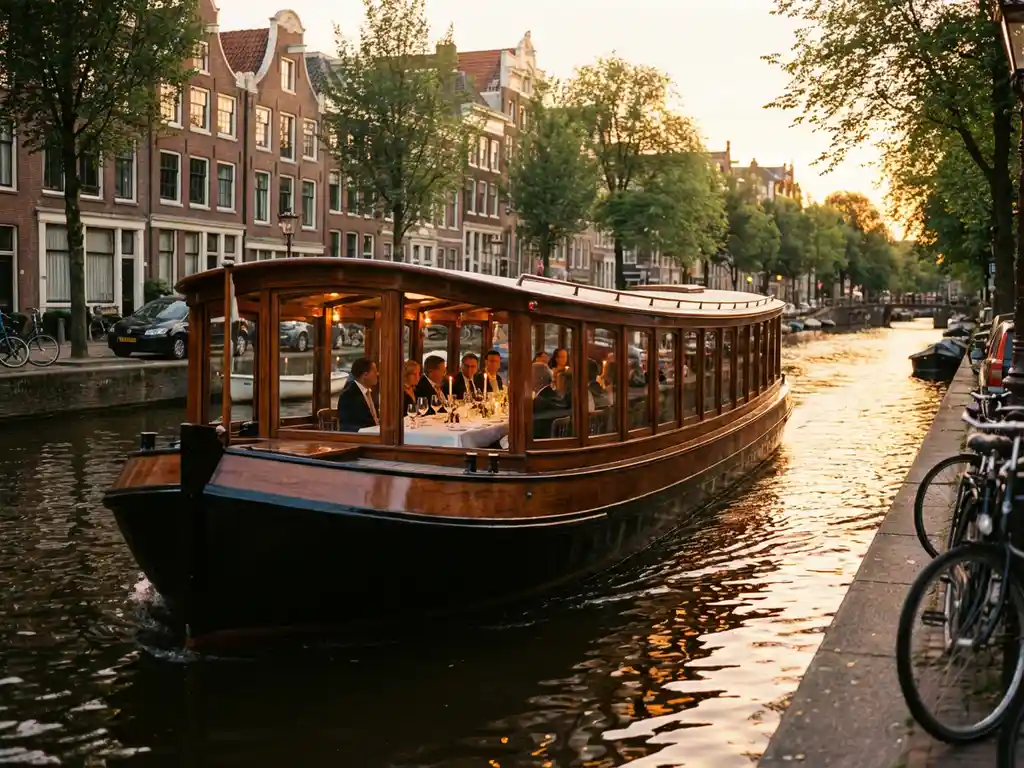 1910 Dutch salon tjalk canal boat with polished iroko wood gliding through Amsterdam at golden hour, guests dining inside by candlelight.
