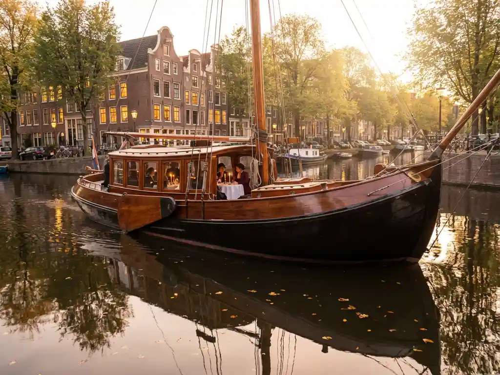 Classic 1910 Dutch salon tjalk cruising Amsterdam canals at golden hour, polished iroko hull reflecting in calm water, guests dining inside glazed salon windows.