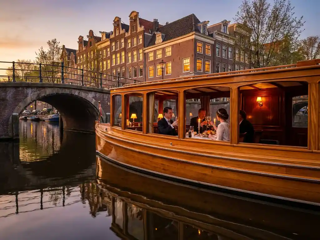 1910 Dutch salon tjalk gliding through Amsterdam canals at golden hour, guests dining inside glazed windows, historic gabled houses reflected in calm water.