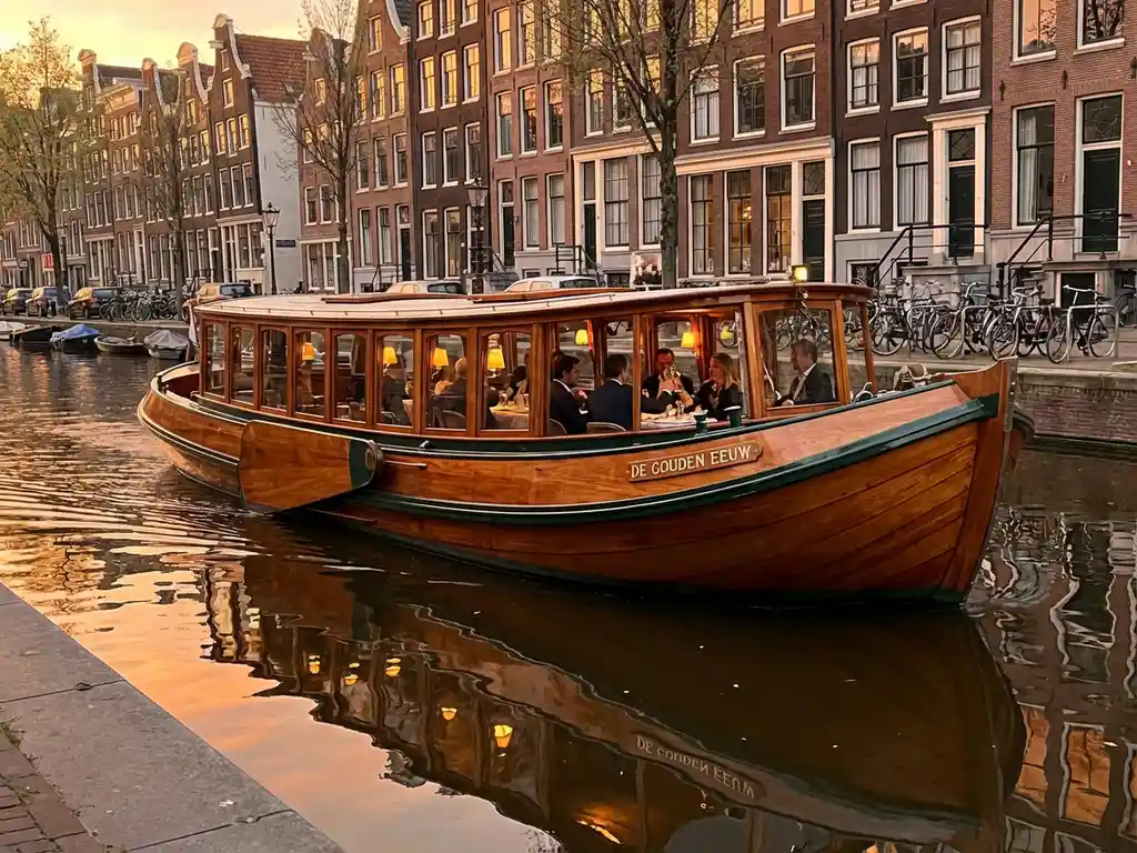 1910 Dutch salon tjalk with polished iroko hull gliding through Amsterdam canals at golden hour, guests dining inside glazed windows.
