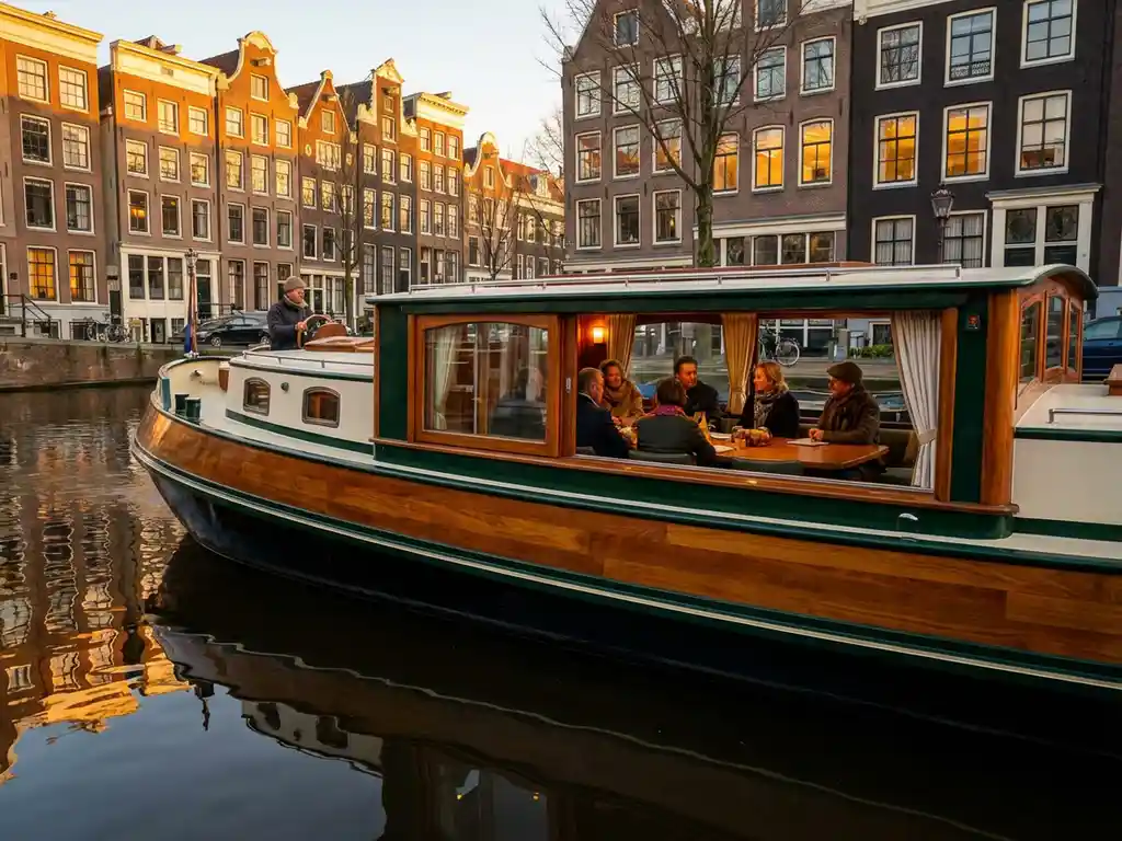 1910 Dutch salon tjalk with polished iroko hull cruising Amsterdam canals at golden hour, guests in glazed salon windows, historic gabled facades behind.