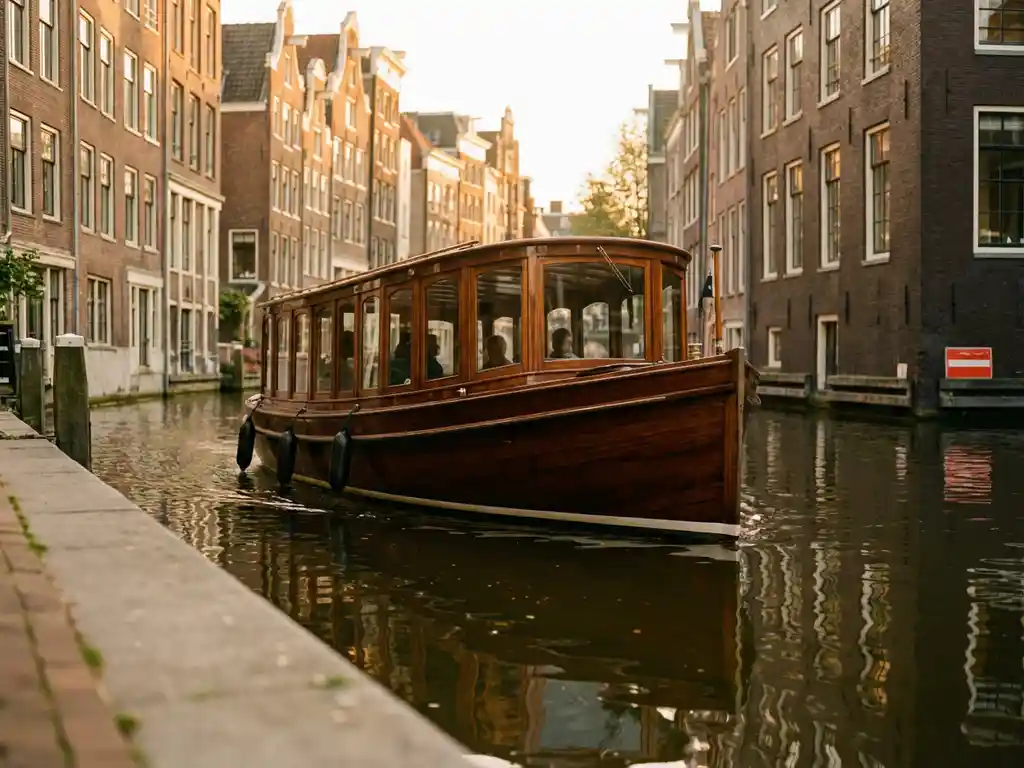 1910 Dutch salon tjalk with polished iroko wood hull cruising a narrow Amsterdam canal at golden hour, historic gabled facades reflected in still water.