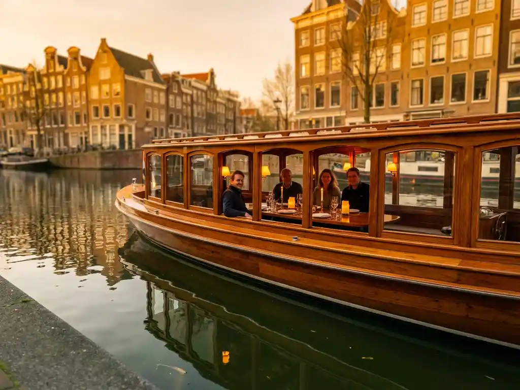 1910 Dutch salon tjalk with polished iroko hull gliding past Amsterdam's golden gabled canal houses at golden hour, guests dining inside.