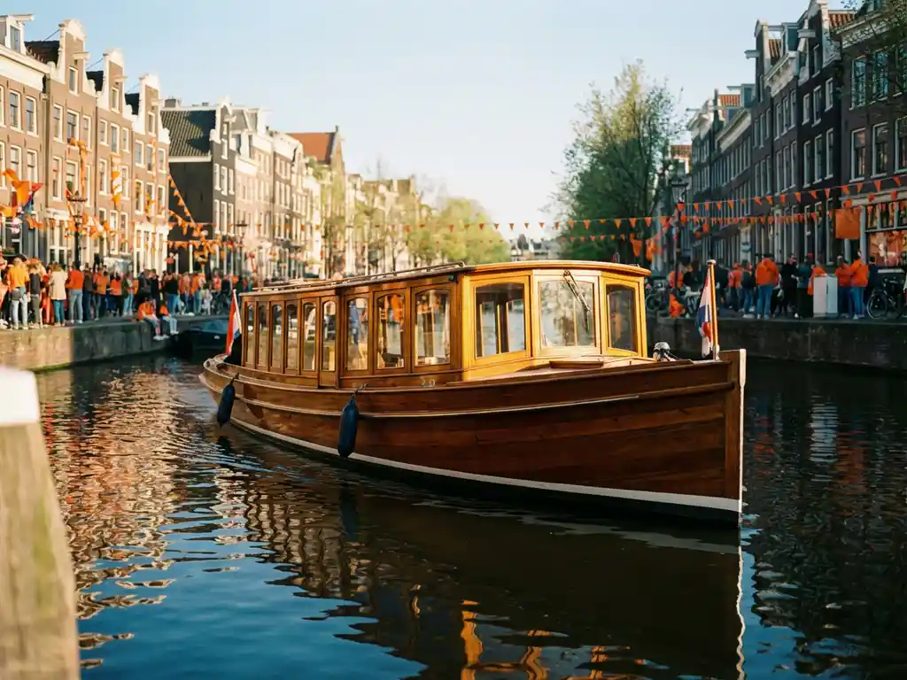 1910 Dutch salon tjalk sailing Amsterdam canals on King's Day, polished iroko hull reflecting in water beside orange-flag-draped gabled houses.